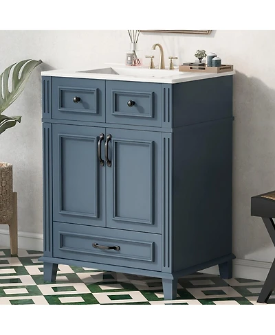 Thirtypeachy Bathroom Vanity With Ceramic Sink, Solid Wood Frame Soft-Close Doors, 4" Faucet Fit
