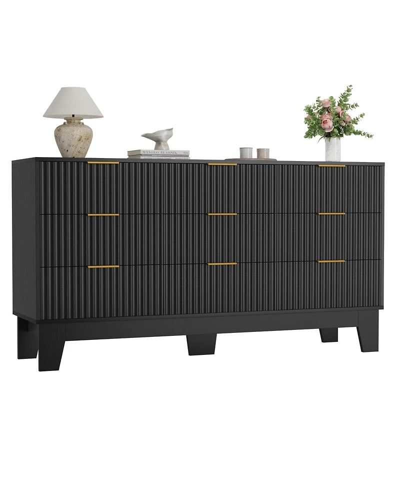 gaomon 9 Drawer Fluted Dresser - Modern Wooden Chest of Drawers with Metal Handle, Clothes Storage Organizer for Bedroom, Hallway, Entryway