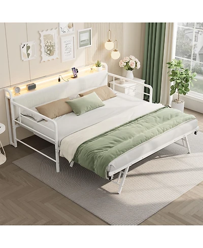 homfan Twin Daybed with Pop-Up Trundle, Led Lights, Charging Station and Corduroy Storage Headboard, Metal Frame