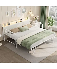homfan Twin Daybed with Pop-Up Trundle, Led Lights, Charging Station and Corduroy Storage Headboard, Metal Frame