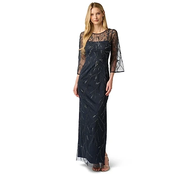 Adrianna Papell Women's Bead Mesh Illusion Boat Neck Gown