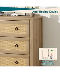 homfan 5 Drawer Tall Dresser, 45 Rattan Boho Chest of Drawers, Wooden with Clothes Storage Cabinet, Organizer for Bedroom