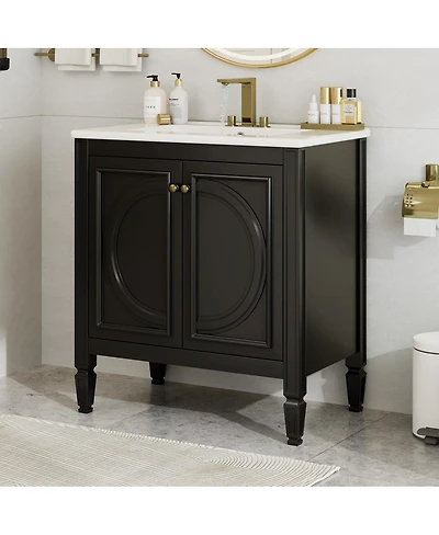 Thirtypeachy Vintage Vanity With Ceramic Sink, Rubber Wood Mdf Cabinet, Soft-Close Hinges 2 Doors Shelf Drawer