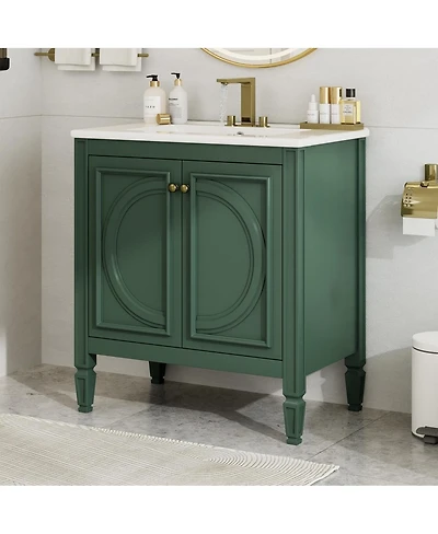 Thirtypeachy Vintage Vanity With Ceramic Sink, Rubber Wood Mdf Cabinet, Soft-Close Hinges 2 Doors Shelf Drawer
