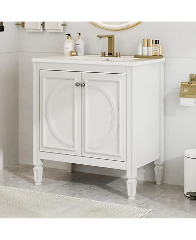 Thirtypeachy Vintage Vanity With Ceramic Sink, Rubber Wood Mdf Cabinet, Soft-Close Hinges 2 Doors Shelf Drawer