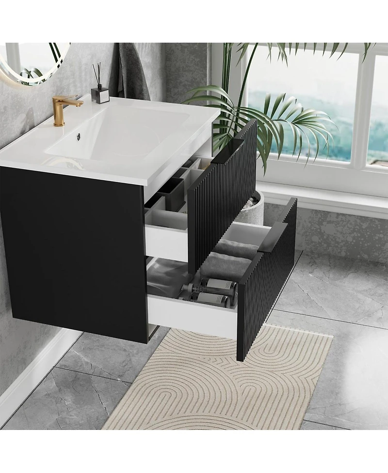 Thirtypeachy Floating Vanity With Ceramic Sink, Fluted Wall-Mount Cabinet, 2 Drawers U-Shaped Cutout