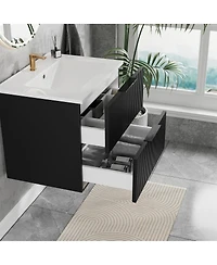 Thirtypeachy Floating Vanity With Ceramic Sink, Fluted Wall-Mount Cabinet, 2 Drawers U-Shaped Cutout