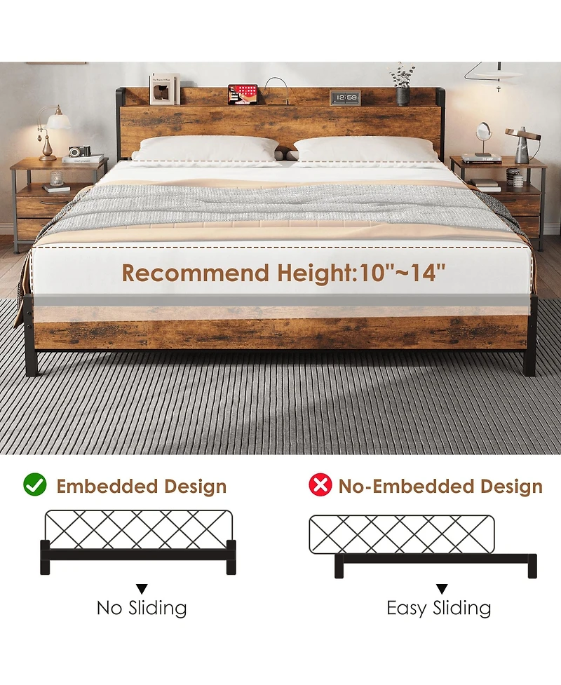 homfan Platform Bed Frame with Charging Station, Usb and Ac Outlets, Metal Slats, Wood Headboard and Footboard, No Box Spring Needed