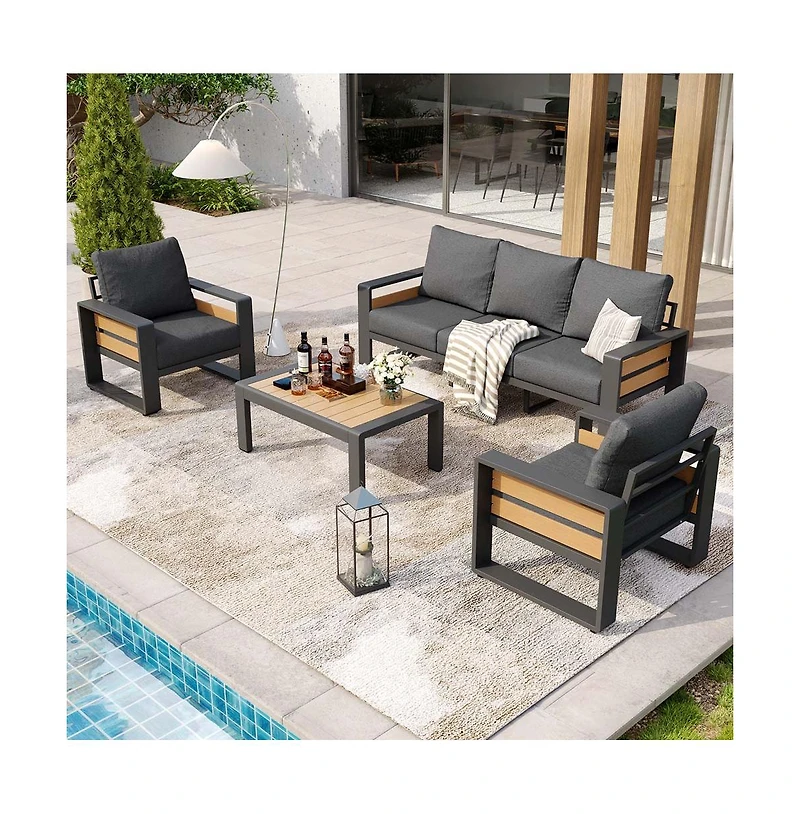 Aoxun Outdoor Patio Conversation Set Durable Aluminum Sofas, Plush Cushions, Wood?Texture Table Weatherproof