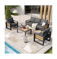 Aoxun Outdoor Patio Conversation Set Durable Aluminum Sofas, Plush Cushions, Wood?Texture Table Weatherproof