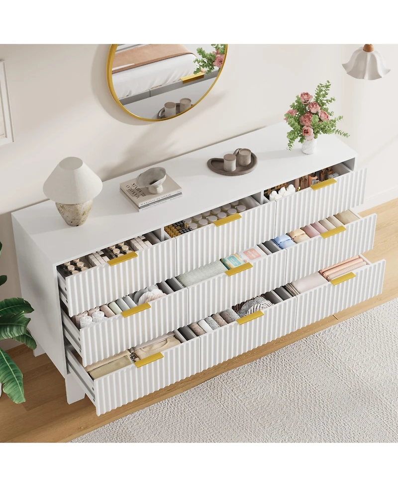 homfan 9 Drawer Dresser for Bedroom, 47" Wide Fluted Chest with Metal Handle, Modern Wooden Tv Stand, Clothes Organizer Hallway, Entryway