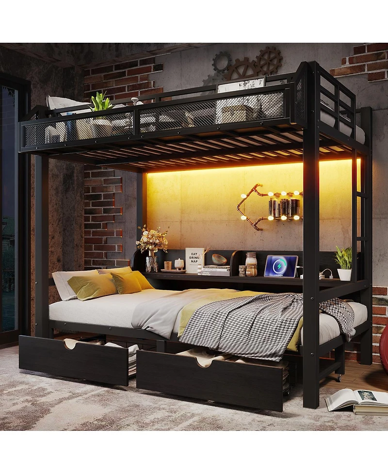 Streamdale Furniture Metal Bunk Bed with Storage, Usb, Led, Sofa Conversion