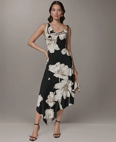 Donna Karan New York Women's Sleeveless Floral Cowl Neck Asymmetrical Midi Dress