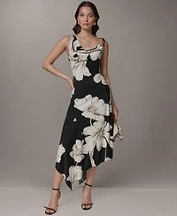 Donna Karan New York Women's Sleeveless Floral Cowl Neck Asymmetrical Midi Dress