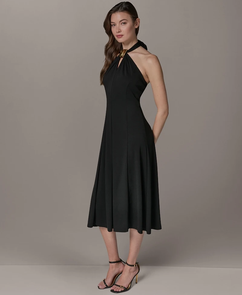 Donna Karan New York Women's Sleeveless Halter Midi with Contour Hardware Dress