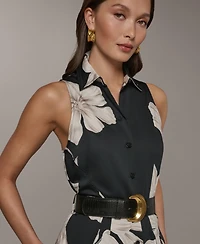 Donna Karan New York Women's Sleeveless Floral Collared Midi Shirtdress