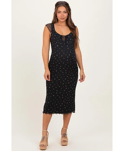 Pinkblush Maternity Black Floral Mesh Front Tie Cutout Midi Dress