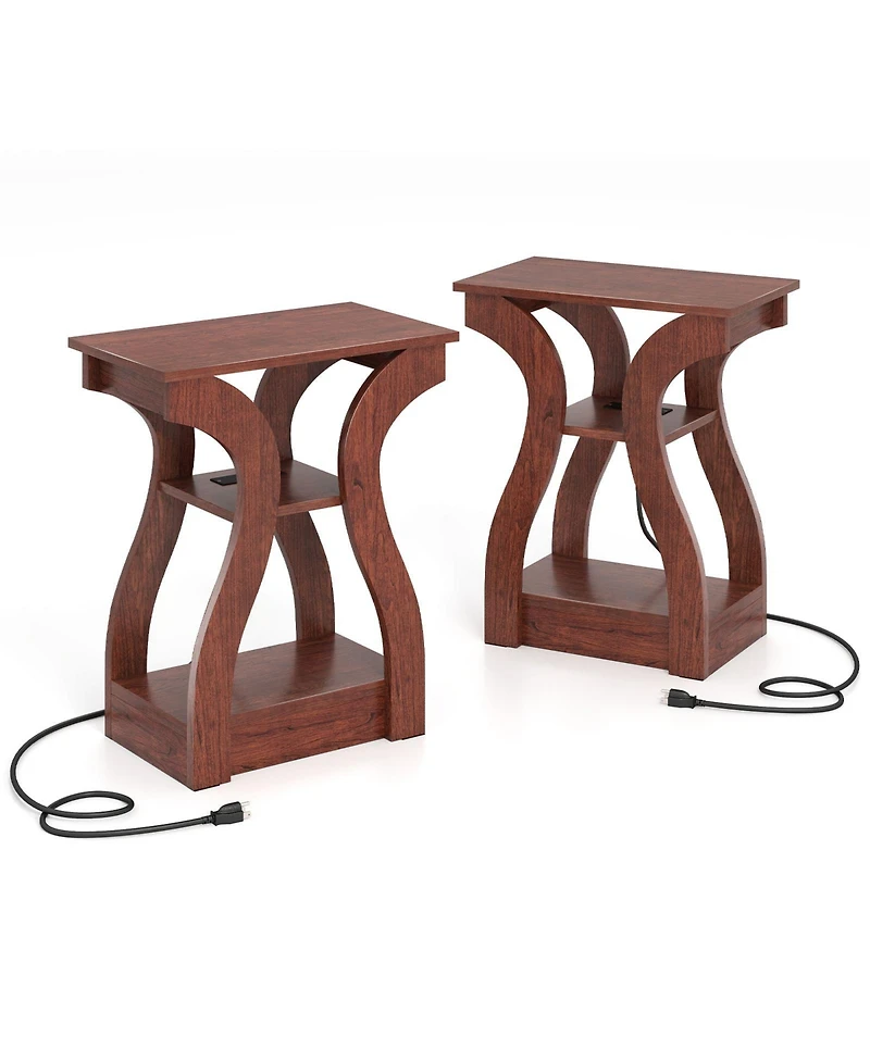 Slickblue Set of 2 End Tables with Charging Station, 3-Tier Storage Shelves for Bedroom Living Room