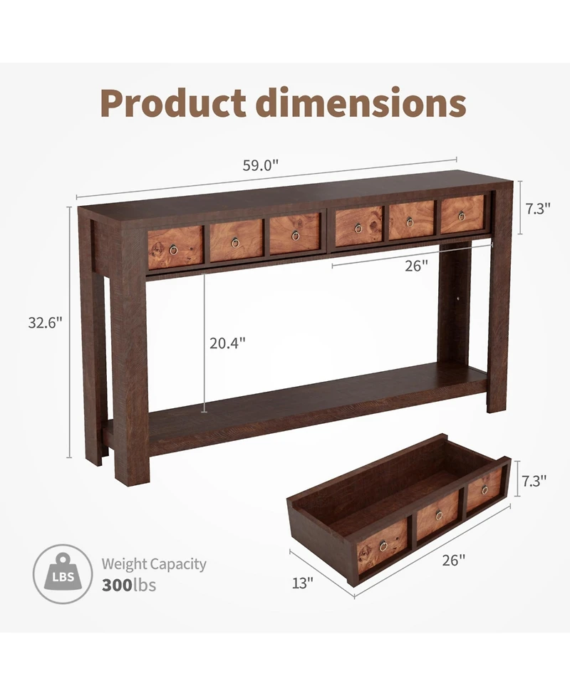 homfan Console Table with 2 Drawers and Open Shelf, Farmhouse Entryway Sofa for Hallway, Living Room, or Behind Couch