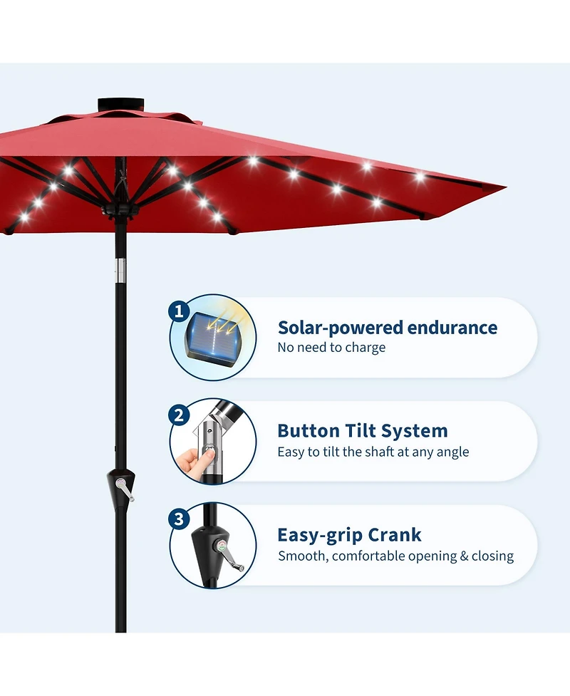 Gaomon 9FT Solar Patio Umbrella with 32 Led Lights, Outdoor Table w/Crank Lift, Push Button Tilt and 8 Sturdy Ribs