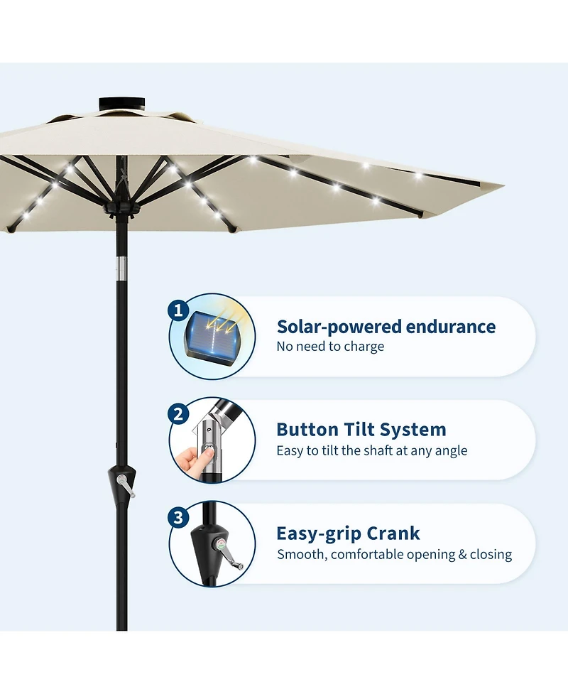 Gaomon 9FT Solar Patio Umbrella with 32 Led Lights, Outdoor Table w/Crank Lift, Push Button Tilt and 8 Sturdy Ribs