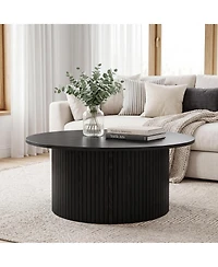 gaomon Modern Fluted Coffee Table Round Accent with Metal Frame, Walnut Finish - Mid-Century Design
