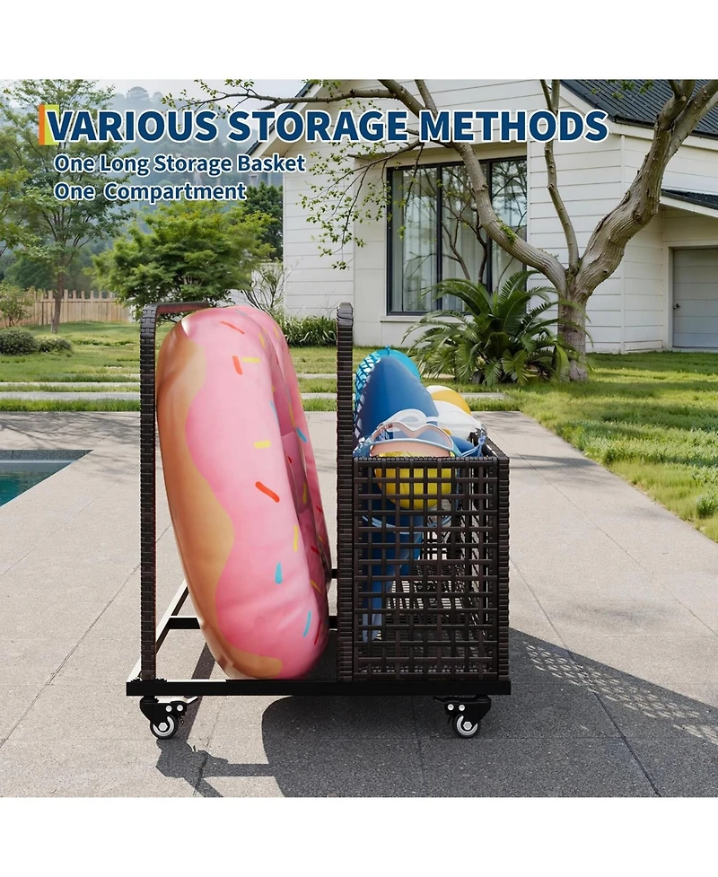 gaomon Outdoor Storage Organizer with Rolling Wheels, Wicker Rattan Pool Caddy and Toy Basket - All-Weather Pe for Poolside, Patio Deck