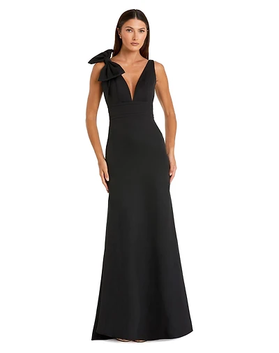 Mac Duggal Petite Sleeveless V Neck Bow Detail Mermaid Gown