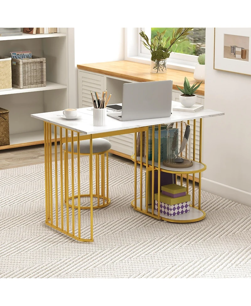Gymax 3 Piece Dining Table Set with 2 Stools, 2-tier Storage Shelf Upholstered Seat