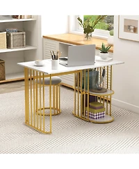 Gymax 3 Piece Dining Table Set with 2 Stools, 2-tier Storage Shelf Upholstered Seat