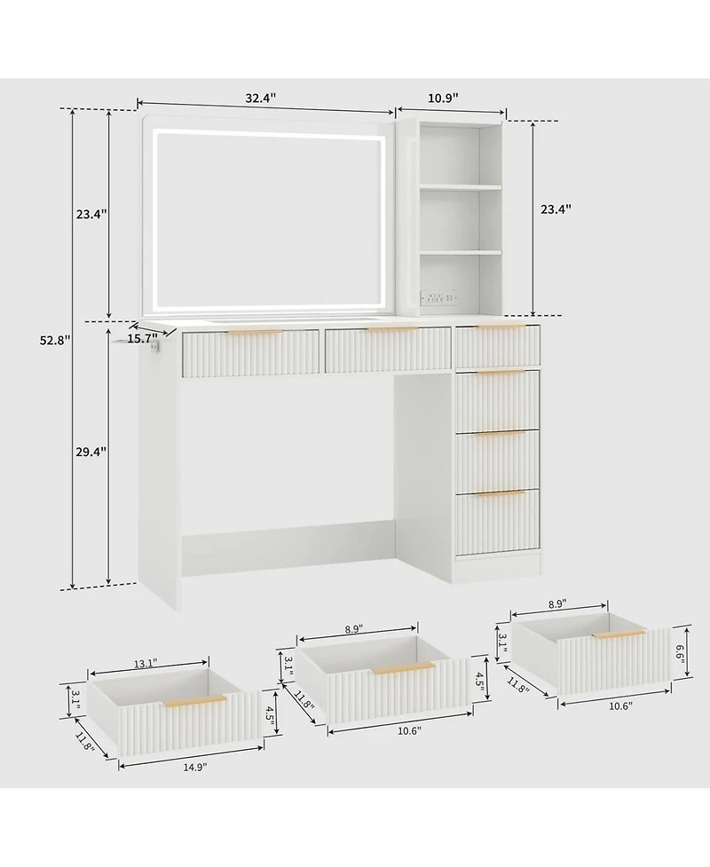 gaomon Extra Large Fluted Makeup Vanity - 36" Led Mirror, 6 Drawers and Charging Station (2 Ac+2 Usb) Oak Dressing Table with Tempered Glass Top