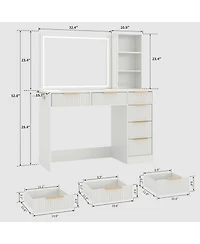 gaomon Extra Large Fluted Makeup Vanity - 36" Led Mirror, 6 Drawers and Charging Station (2 Ac+2 Usb) Oak Dressing Table with Tempered Glass Top