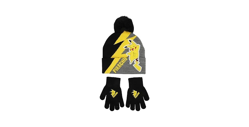 Pokemon Boys Pikachu Thunderbolt Youth 2-Piece Knit Beanie and Gloves Set