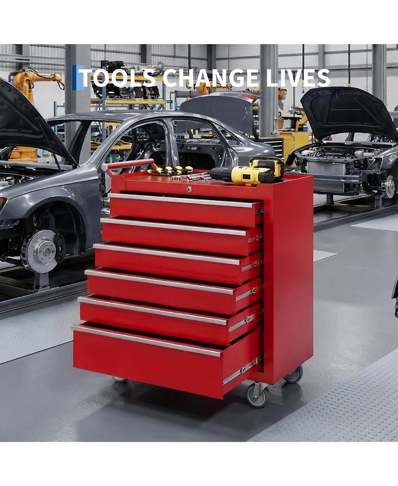Gaomon 6-Drawer Portable Tool Storage Cart, Rolling Tool Chest Cabinet, Lockable Toolbox Organizer, Red
