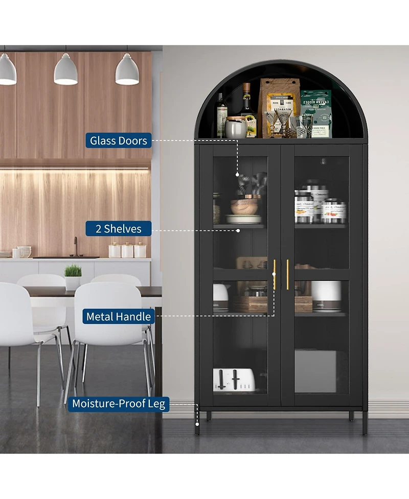 Gaomon 73" Tall Arched Metal Storage Cabinet with Glass Doors, Modern Freestanding Pantry Cabinet for Kitchen, Dining Room, Living Room