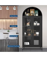 Gaomon 73" Tall Arched Metal Storage Cabinet with Glass Doors, Modern Freestanding Pantry Cabinet for Kitchen, Dining Room, Living Room