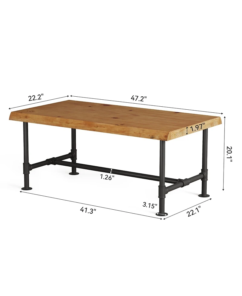 Tribesigns 47" Live Edge Coffee Table, Farmhouse Solid Wood Accent Center Table with Metal Legs, Rectangular Low Cocktail Tea Furniture
