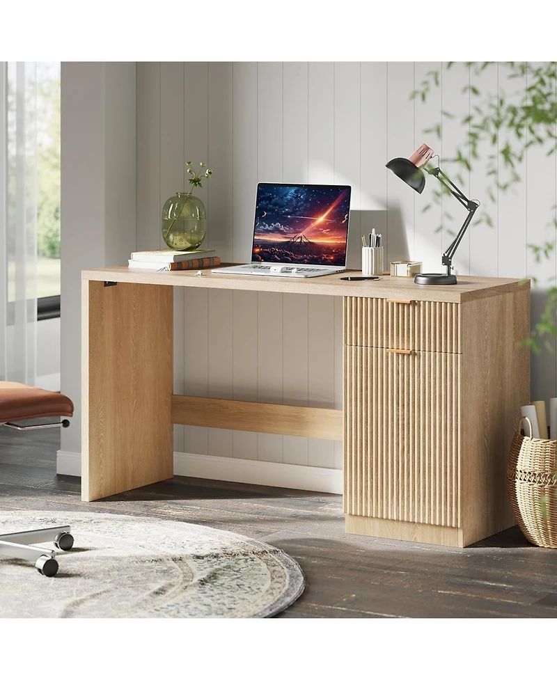 gaomon Modern Fluted Executive Desk - Wood Computer Desk with Storage Cabinet and Drawers, Oak Writing Table for Home Office, Study