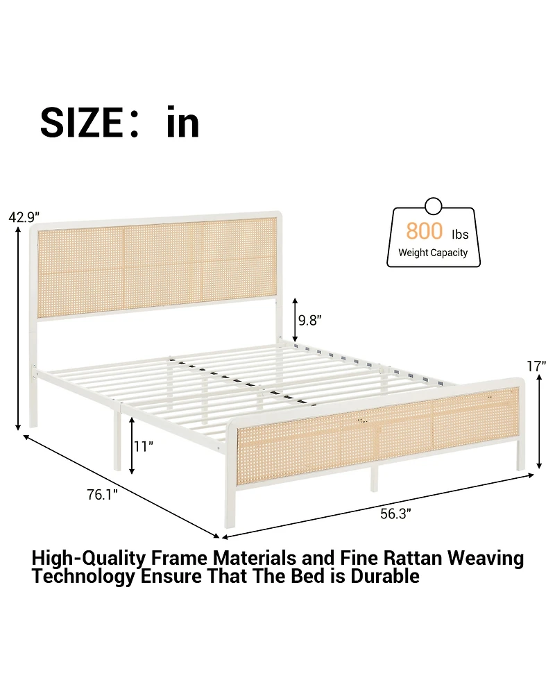 homfan Full Size Rattan Platform Bed Frame with Led Headboard, Modern Boho Cane Style, Heavy Duty Metal Frame, Steel Slats, No Box Spring Needed