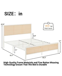 homfan Full Size Rattan Platform Bed Frame with Led Headboard, Modern Boho Cane Style, Heavy Duty Metal Frame, Steel Slats, No Box Spring Needed