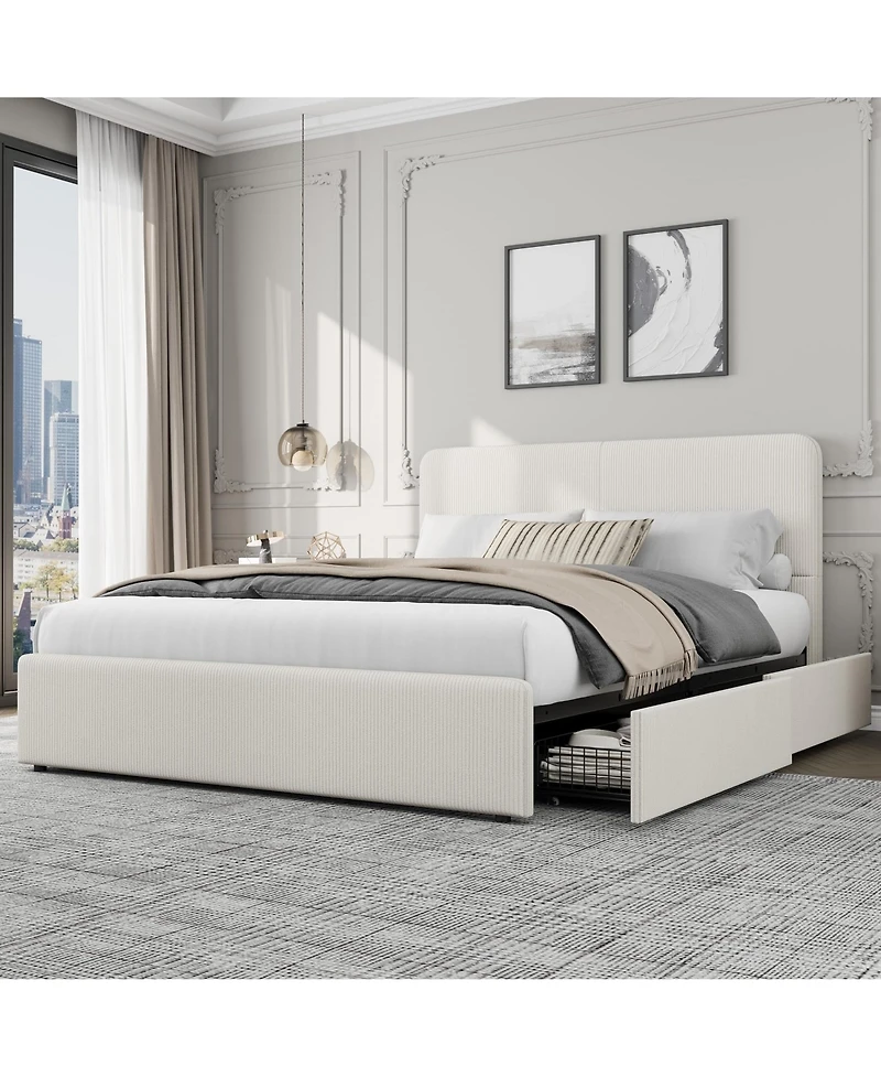 homfan Upholstered Platform Bed Frame with Headboard and 2 Storage Drawers, Wood Slat Support