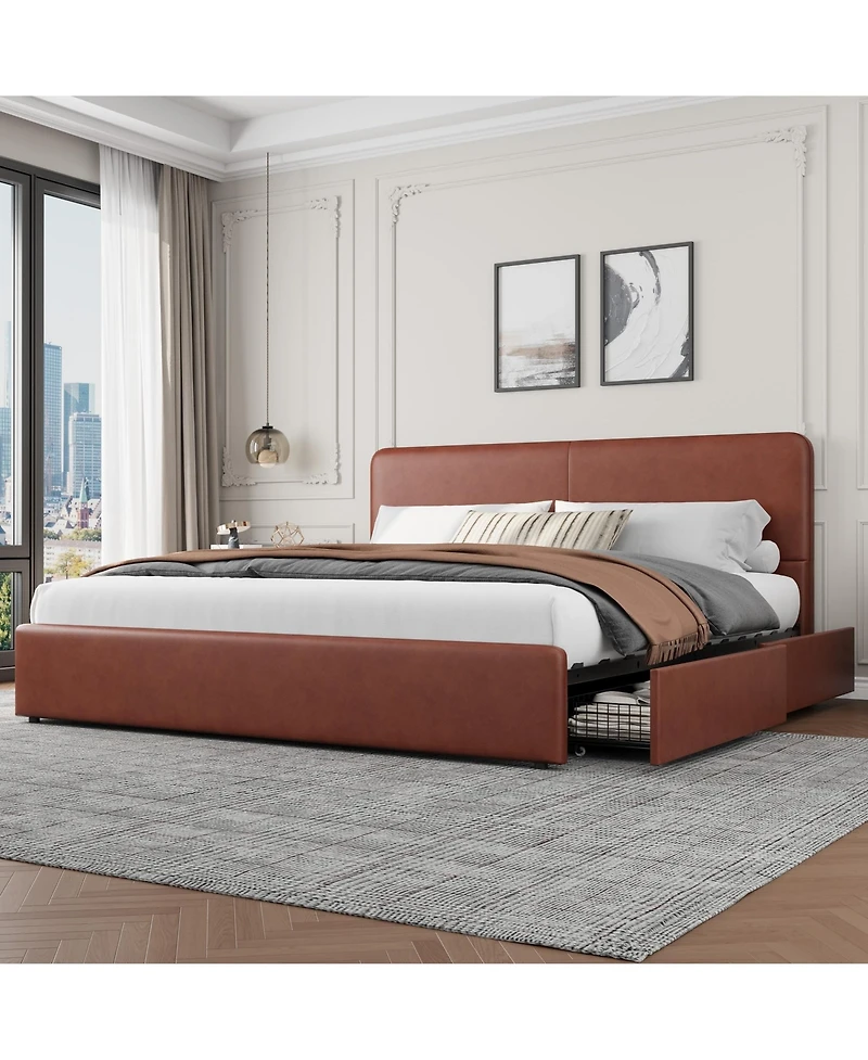 homfan Upholstered Platform Bed Frame with Headboard and 2 Storage Drawers, Wood Slat Support
