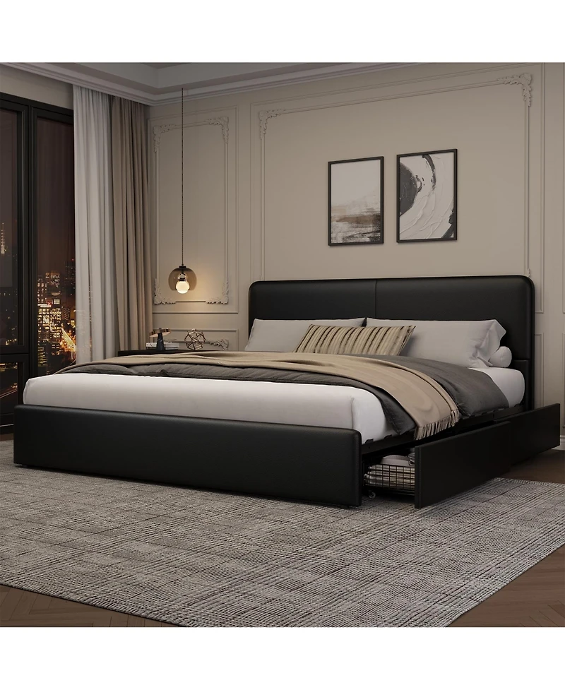 homfan Upholstered Platform Bed Frame with Headboard and 2 Storage Drawers, Wood Slat Support