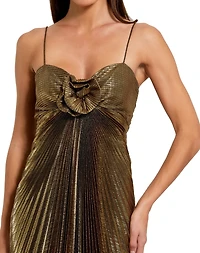Mac Duggal Women's Petite Pleated Metallic Gown with Thin Straps and 3D Floral Detail