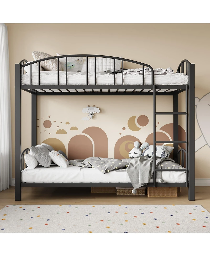 homfan Twin Over Metal Bunk Bed with Ladder and Arched Guardrail, Space-Saving Frame Steel Slats, No Box Spring Needed