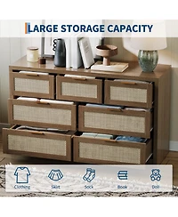 homfan Wide Boho Rattan Dresser with 7 Drawers, Modern Storage Chest Featuring Metal Handles, Wooden Cabinet and Tv Stand Ideal for Bedroom