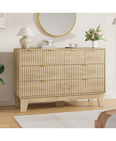 homfan 8 Drawer Dresser for Bedroom, 47" Wide Fluted Chest with Metal Handle, Modern Wooden Tv Stand, Clothes Organizer for Hallway, Entryway