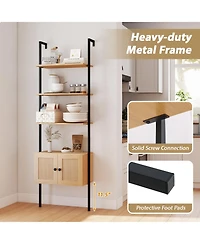 Gymax 2 pieces Wall-Mounted Ladder Shelf 5-tier Bookshelf with Rattan-Door Cabinet Display Rack