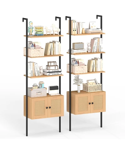 Gymax 2 pieces Wall-Mounted Ladder Shelf 5-tier Bookshelf with Rattan-Door Cabinet Display Rack