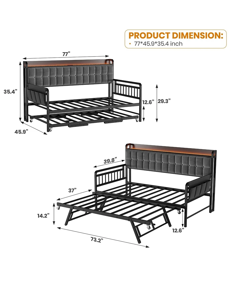 homfan Upholstered Twin Daybed with Trundle, Led Lights, Charging Station and Storage Headboard, Metal Slat Support